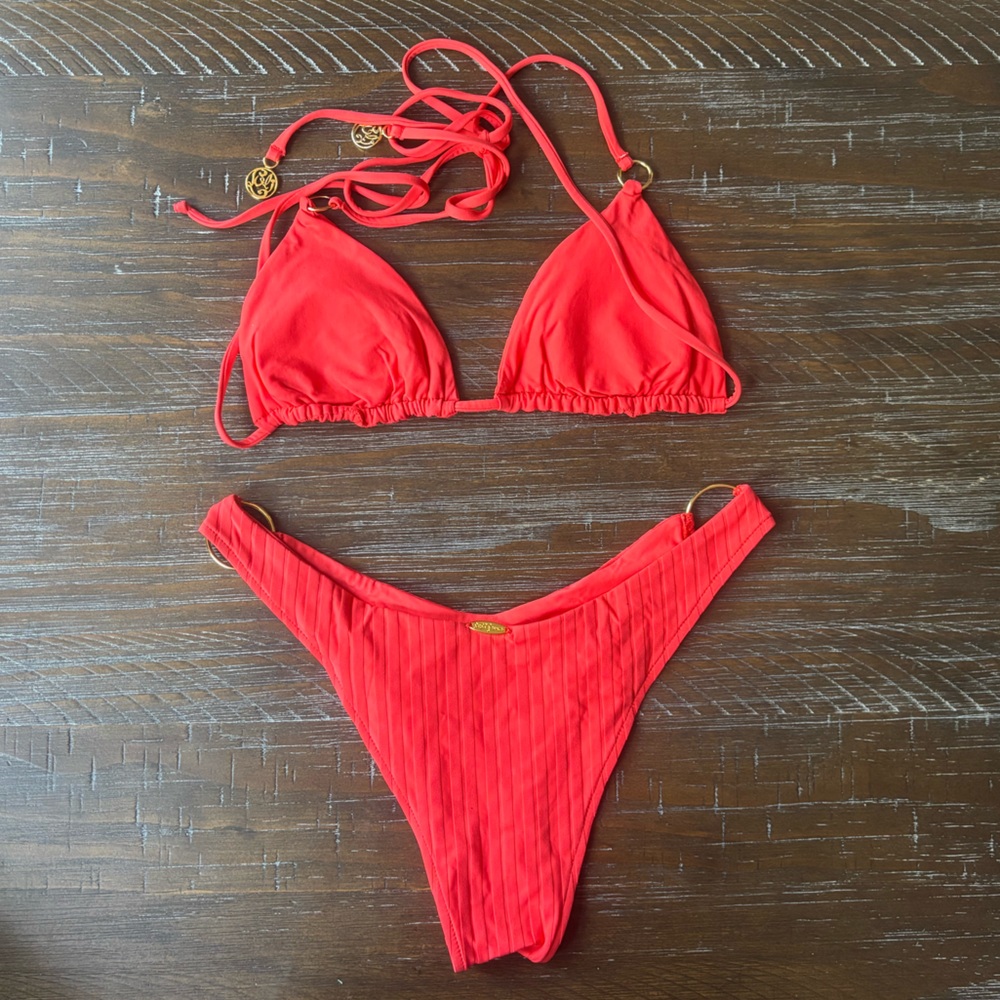 Luli Fama Red Ribbed Triangle Bikini Set - Picture 2 of 4